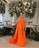 Orange Elegant Flowing A-Line Off Shoulder satin Long Ball Gown Evening Dress Wedding Guest Party Dress HZ1023
