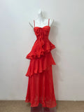 Red shiny fashion elegant long chiffon flowing romantic ruffle ball gown evening dress party dress prom dress HZ1023