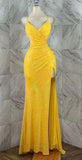 Yellow shiny fashion long sequin sexy slit prom dress evening gown party dress HZ1023