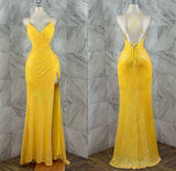 Yellow shiny fashion long sequin sexy slit prom dress evening gown party dress HZ1023