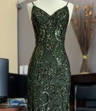 Green shiny elegant delicate beaded applique spaghetti straps long tulle mermaid slim ball gown evening dress HZ1023