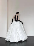 Black and white fashionable and elegant V-neck long satin A-line floor-length ball gown evening dress prom dress HZ1023