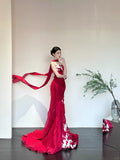 Red Elegant Delicate Floral Fashion Elegant Long Satin Tulle Mermaid Slim Fit Floor Length Trailing Ball Gown Evening Gown Prom Gown HZ1023