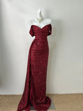 Burgundy Simple Fashionable Elegant Long Sequined Floor-length Sexy Slit Ball Gown Evening Gown Prom Gown HZ1023