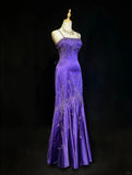 Purple Gorgeous Vintage God Shining Elegant Exquisite Rhinestone Beaded Satin Long Floor Length Slim Fairy Ball Gown Evening Dress Party Dress Prom Dress HZ1023