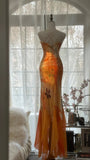 Orange Delicate Floral Spaghetti Strap Long Satin Chiffon Ball Gown Evening Dress Party Dress HZ1023
