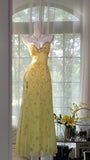 Yellow Gorgeous Exquisite Beaded Backless Spaghetti Strap Long Chiffon Ball Gown Evening Dress Birthday/Holiday Party Dress Prom Dress HZ1023