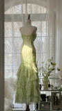 Green Romantic Fashion Elegant Exquisite Beaded Spaghetti Straps Tassel Long Tulle Chiffon Ruffle Ball Gown Evening Gown Party Dress HZ1023