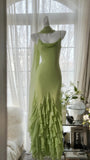 Green Stylish Elegant Spaghetti Straps Long Ruffled Mermaid Slim Fit Chiffon Ball Gown Birthday Party Dress Evening Dress Prom Dress HZ1023
