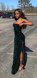 Dark green shiny elegant mermaid sequins long slit sexy ball gown prom dress evening dress 22nd birthday outfit party dress HZ1023