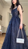 Navy Blue Vintage Fashion Elegant Strapless A-Line Delicate Lace Long Tulle Ball Gown Evening Dress HZ1023