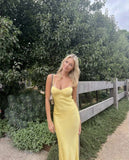 Yellow Simple Fashion Sexy Sweetheart Sleeveless Skinny Long Satin prom dress Evening Gown Wedding Guest Party Dress HZ1023
