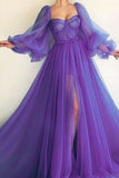 Purple puff sleeves long sleeves long ball gown evening dress HZ1023