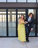 Yellow stylish elegant spaghetti straps long satin tiered ball gown formal evening dress party dress HZ1023