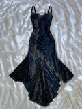 Blue gorgeous exquisite applique lace spaghetti straps long satin prom dress evening dress party dress HZ1023