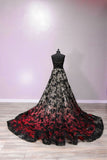 Black gorgeous exquisite red lace long tulle floor length trailing ball gown evening dress HZ1023