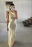 Yellow lapel simple elegant long slim ball gown evening dress wedding guest dress HZ1023