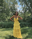 Yellow fashion elegant simple spaghetti strap long chiffon tiered ball gown evening dress party dress HZ1023