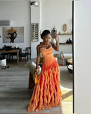 Pink/Orange/Green Gradient Spaghetti Straps Fashion Elegant Long Ruffle Chiffon Ball Gown Evening Dress Party Dress HZ1023