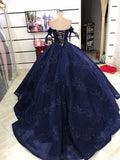 Blue shiny elegant floral A-line long tulle ball gown evening dress HZ1023