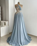 Blue gorgeous shiny beaded long tulle sexy elegant floor-length ball gown evening dress HZ1023