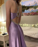 Vintage purple fashion exquisite beading elegant long satin ball gown, evening dress, formal party event dress HZ1023