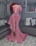 Pink/red Gorgeous Shiny Elegant Long Slit Sexy Floor-Length Train Ball Gown Evening Dress Party Dress HZ1023