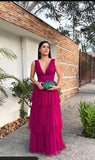 Purple Fashion Elegant V-neck Long Tulle Ball Gown Evening Dress Wedding Guest Party Dress HZ1023