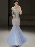 Blue gorgeous shiny beautiful off-shoulder exquisite beading long tulle mermaid slim fishtail skirt ball gown formal evening gown wedding dress HZ1023