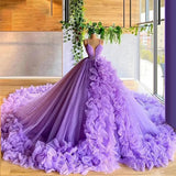 Purple gorgeous fashion V-neck beaded long tulle floor-length trailing ball gown prom dress evening gown wedding dress HZ1023