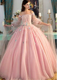 Pink delicate floral applique fairy long sleeves long tulle ball gown evening dress HZ1023
