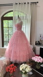 Pink sweet fashion elegant exquisite lace bow long tulle lace princess ball gown evening dress birthday dress adult ceremony dress HZ1023