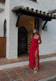 Red square neck spaghetti straps long chiffon ruffles elegant sexy slit ball gown evening dress wedding guest party dress HZ1023