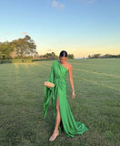 Green simple fashion one shoulder long satin ball gown evening dress party dress HZ1023