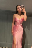 Pink Fashion Simple Elegant Floor Length Corset Long Satin Slit Ball Gown Evening Dress Party Dress Prom Dress HZ1023
