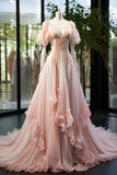 Pink gorgeous A-line long ruffled tulle ball gown prom dress evening gown wedding dress graduation gown HZ1023