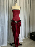 Burgundy Retro Fashion Delicate Lace Long Satin Formal Prom Dress Evening Gown HZ1023