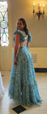 Blue elegant chiffon floral long prom dress evening gown garden party dress HZ1023
