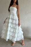 White spaghetti strap A-line long ruffled chiffon ball gown evening dress party dress HZ1023