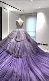 Purple Gorgeous Shiny Elegant A-line Long Tiered Ruffled Tulle Ball Gown Formal Dress Evening Dress Celebrity Dress HZ1023