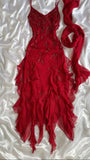 Red gorgeous shiny exquisite beaded spaghetti strap chiffon long elegant ruffled ball gown evening dress party HZ1023