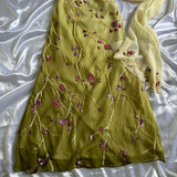 Yellow Green gorgeous exquisite vintage embroidered spaghetti strap long ball gown prom dress evening gown HZ1023