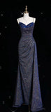Blue Shiny Elegant Spaghetti Straps Exquisite Beading Sexy Slit Long Mermaid Slim Sequin Ball Gown Evening Dress HZ1023
