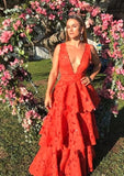Deep V neck orange A-line long tiered ball gown evening dress HZ1023
