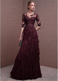 Gray purple elegant long sleeve lace long tulle ball gown evening dress HZ1023