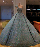Green gorgeous shiny sequins fashionable one shoulder strapless off shoulder long ball gown evening dress HZ1023