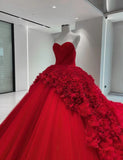Red gorgeous elegant tube top floral long floor length trailing tulle ball gown evening gown wedding dress HZ1023