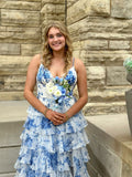 Blue Floral Print V Neck A-Line Spaghetti Straps Ruffles Tiered Slits Long Graduation Dress Evening Gown Prom Dress Wedding Guest Party Dress HZ1023