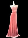 Pink shiny simple fashion elegant sweetheart neckline one shoulder long velvet sequined tulle floor-length trailing ball gown evening dress prom dress HZ1023