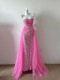Pink Gorgeous Shiny Fashion Elegant Long Floor Length Sequined Tulle Ball Gown Evening Gown Party Dress Prom Gown HZ1023
